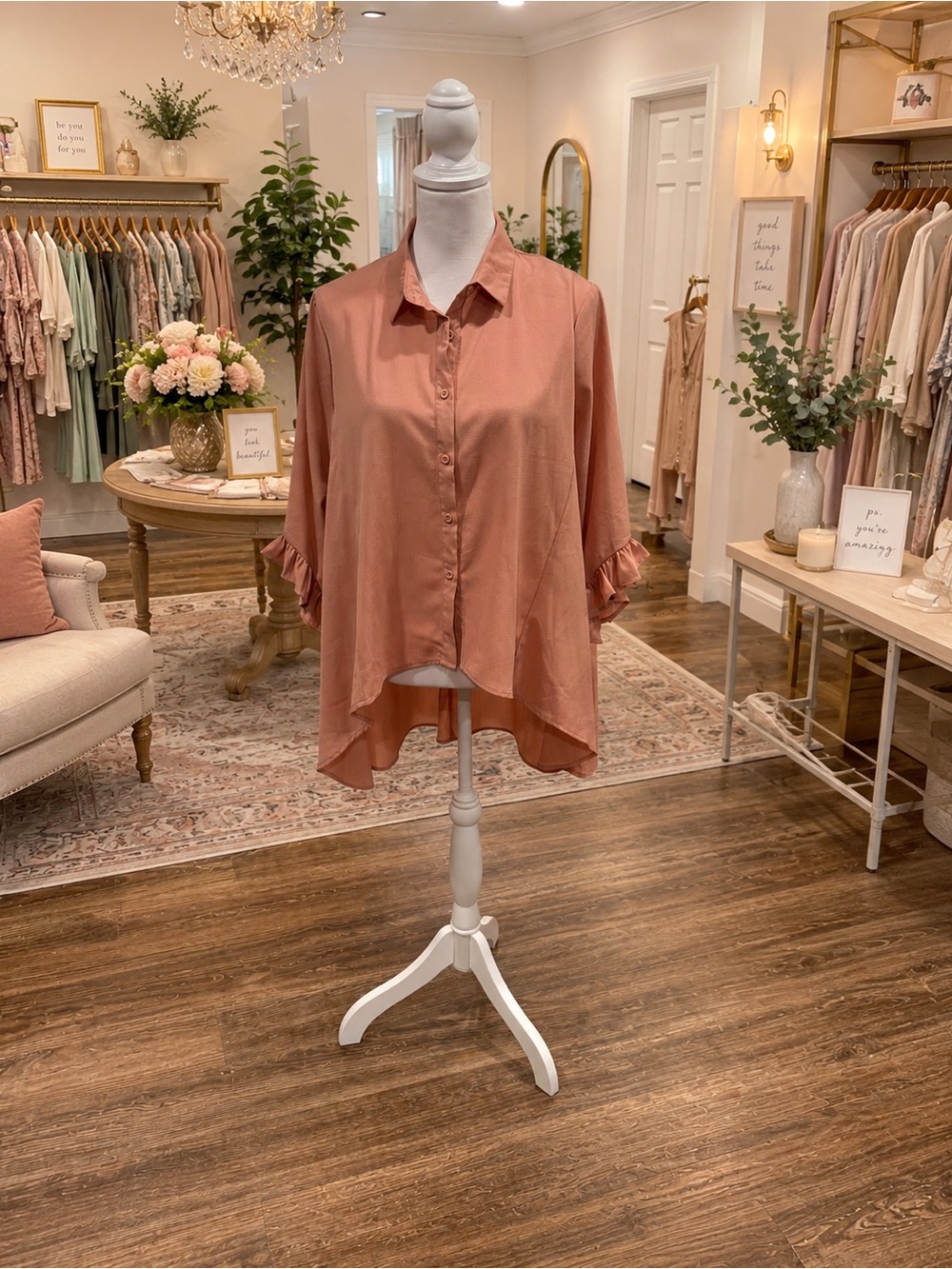 Favlux Fashion Peachy Brown High-Low Ruffle Sleeve Blouse Size Medium